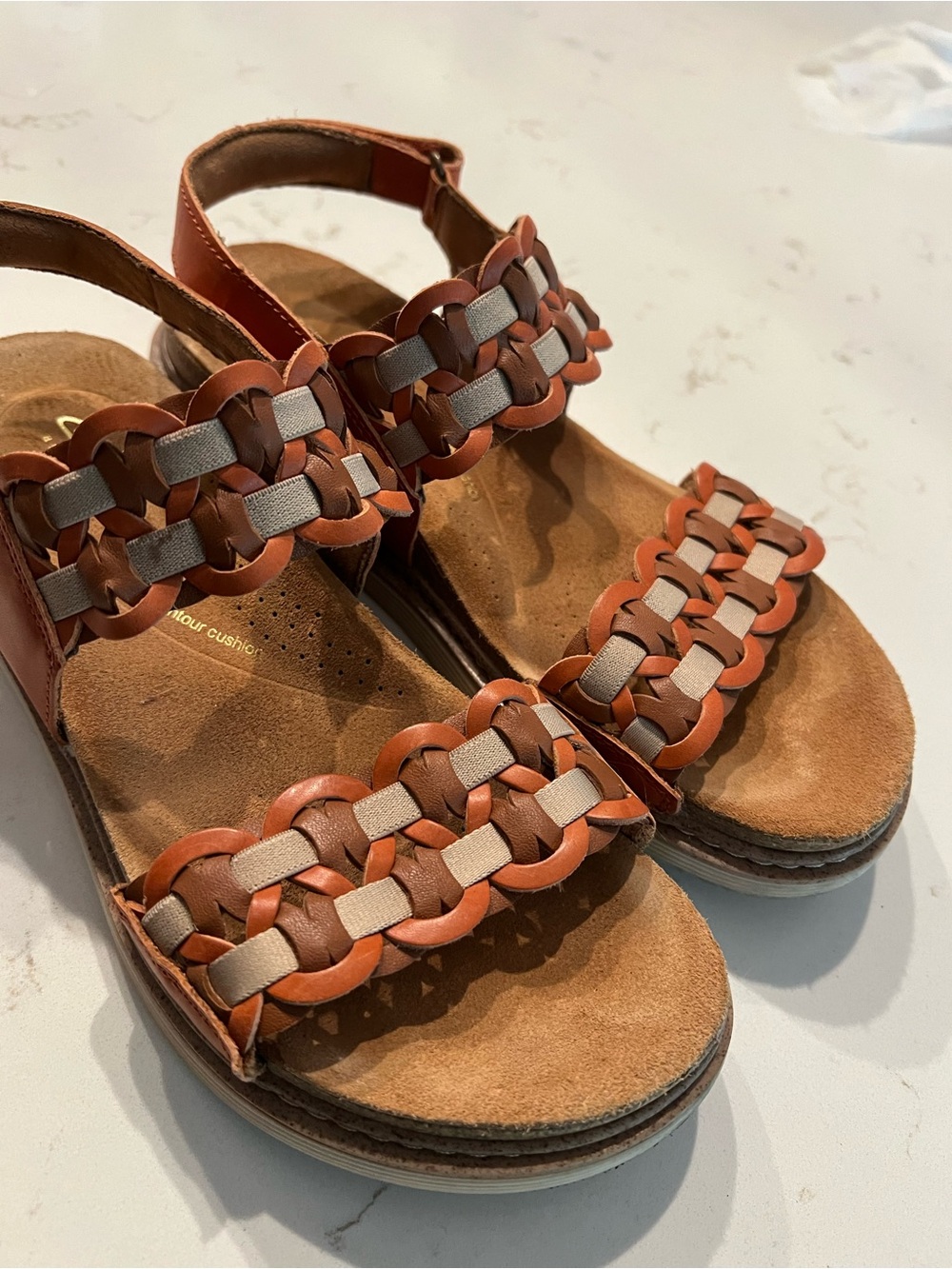 Clarks Women's Braided Leather Sandals in Brown and Beige